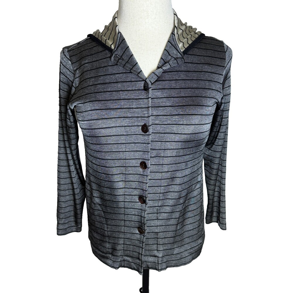 Chico's Vintage Travelers Jacket Sz 1 (M 8-10) Metallic Gray Black Gold Stretchy